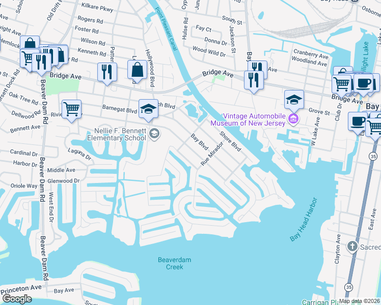 map of restaurants, bars, coffee shops, grocery stores, and more near 1852 Bay Boulevard in Point Pleasant
