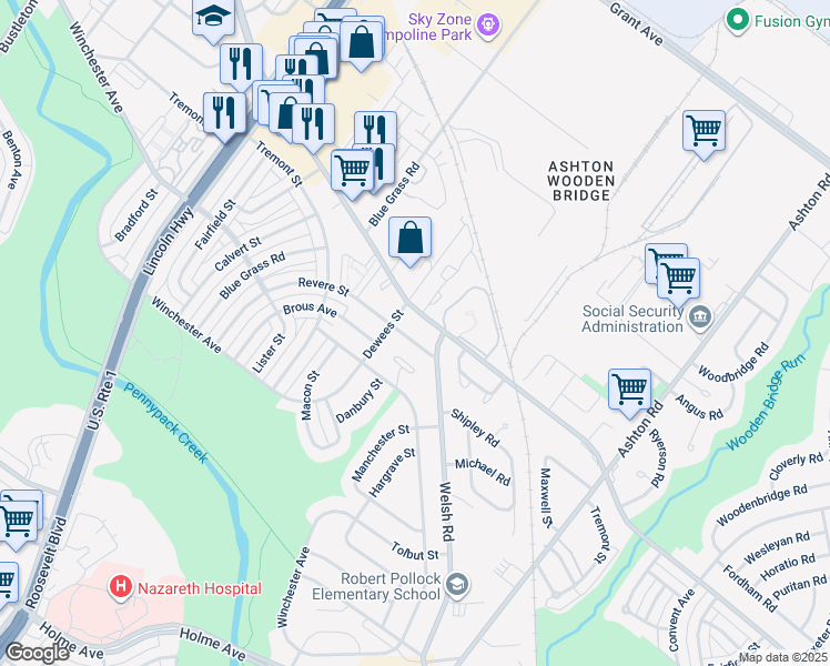 map of restaurants, bars, coffee shops, grocery stores, and more near 9118 Revere Street in Philadelphia