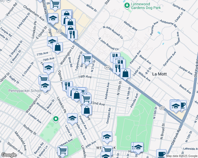 map of restaurants, bars, coffee shops, grocery stores, and more near 7353 North 20th Street in Philadelphia