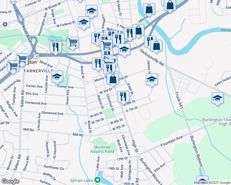 map of restaurants, bars, coffee shops, grocery stores, and more near 21 East 3rd Street in Burlington