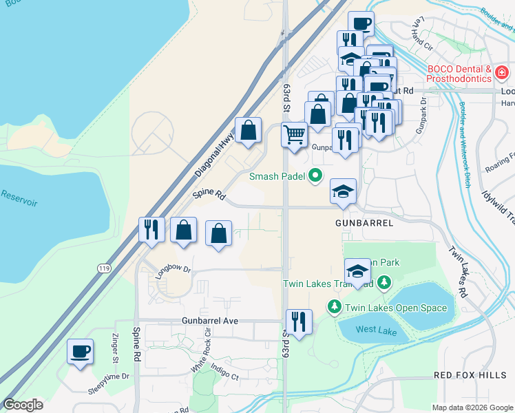 map of restaurants, bars, coffee shops, grocery stores, and more near 6201 Spine Road in Boulder