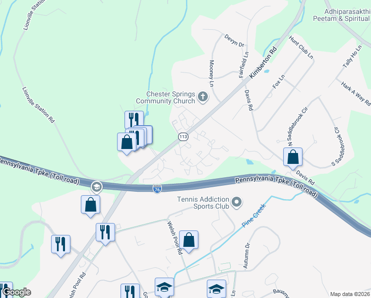 map of restaurants, bars, coffee shops, grocery stores, and more near 531 Pennsylvania 113 in Chester Springs