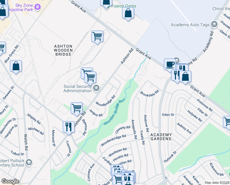 map of restaurants, bars, coffee shops, grocery stores, and more near 9456 Woodbridge Road in Philadelphia