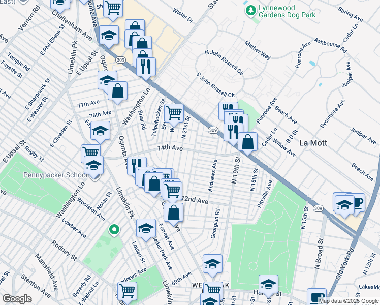 map of restaurants, bars, coffee shops, grocery stores, and more near 7360 North 20th Street in Philadelphia