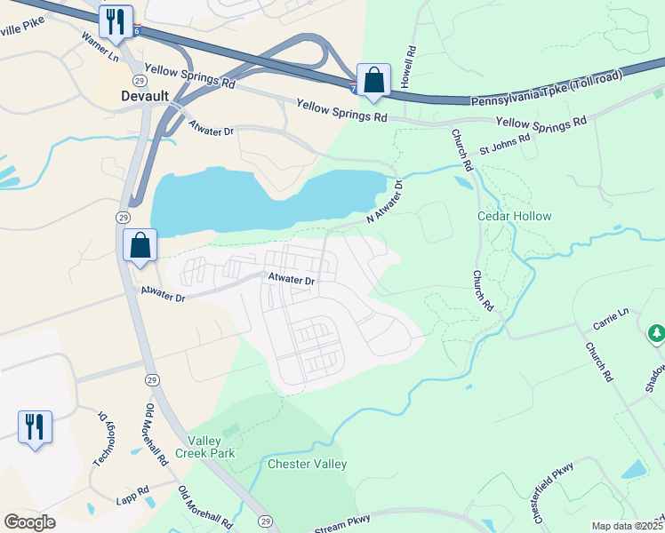 map of restaurants, bars, coffee shops, grocery stores, and more near 622 Cliff Lane in Malvern