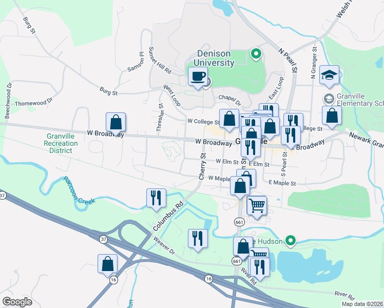map of restaurants, bars, coffee shops, grocery stores, and more near 309 West Broadway in Granville