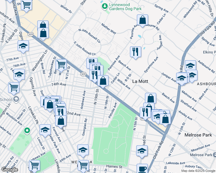 map of restaurants, bars, coffee shops, grocery stores, and more near 1800 Chelsea Road in Elkins Park