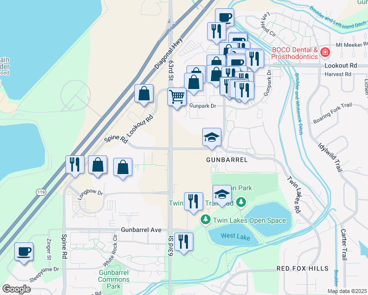 map of restaurants, bars, coffee shops, grocery stores, and more near 6325 Spine Road in Boulder
