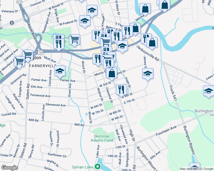 map of restaurants, bars, coffee shops, grocery stores, and more near 16 West 2nd Street in Burlington