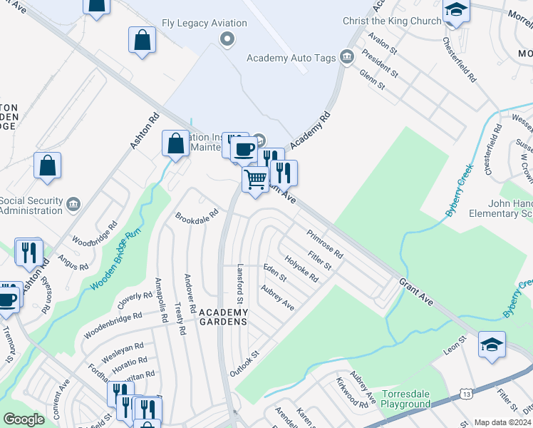 map of restaurants, bars, coffee shops, grocery stores, and more near 3342 Grant Avenue in Philadelphia