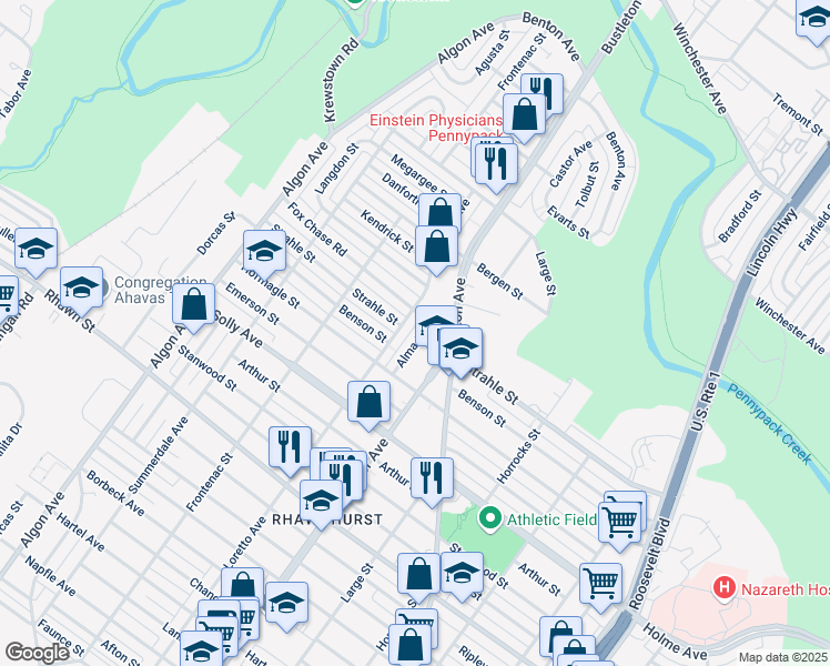 map of restaurants, bars, coffee shops, grocery stores, and more near 8332 Alma Street in Philadelphia