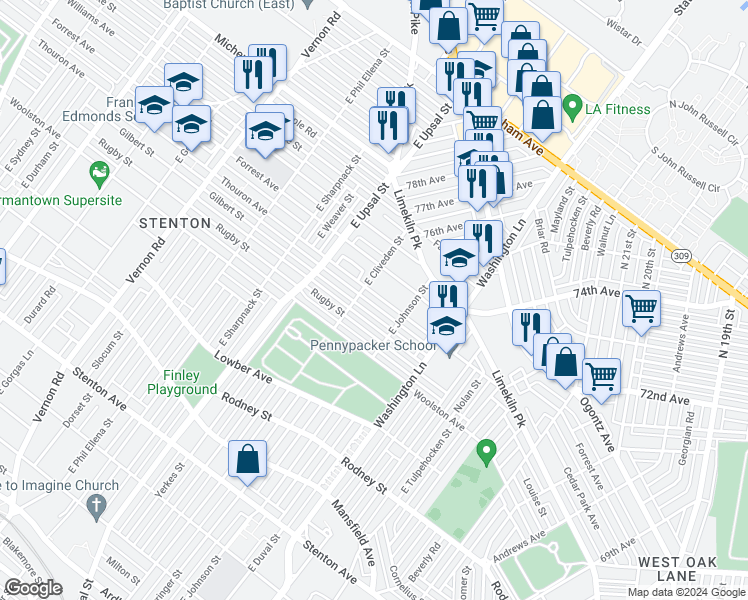 map of restaurants, bars, coffee shops, grocery stores, and more near 7554 Forrest Avenue in Philadelphia