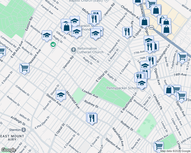 map of restaurants, bars, coffee shops, grocery stores, and more near 7728 Rugby Street in Philadelphia