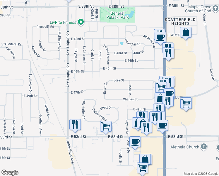 map of restaurants, bars, coffee shops, grocery stores, and more near 1627 Lora Street in Anderson