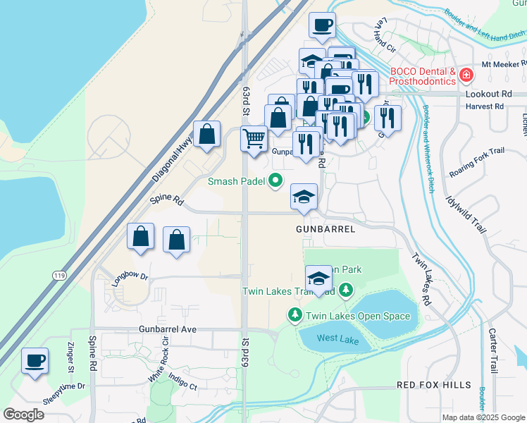 map of restaurants, bars, coffee shops, grocery stores, and more near 6455 Spine Road in Boulder