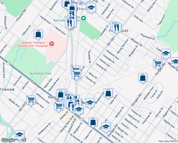 map of restaurants, bars, coffee shops, grocery stores, and more near 7619 Verree Road in Philadelphia