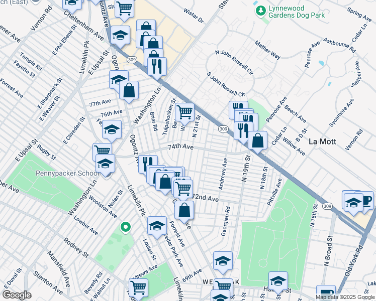 map of restaurants, bars, coffee shops, grocery stores, and more near 7424 North 21st Street in Philadelphia