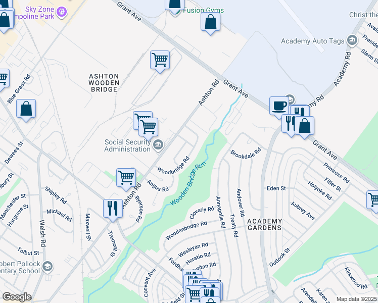map of restaurants, bars, coffee shops, grocery stores, and more near 9456 Woodbridge Road in Philadelphia