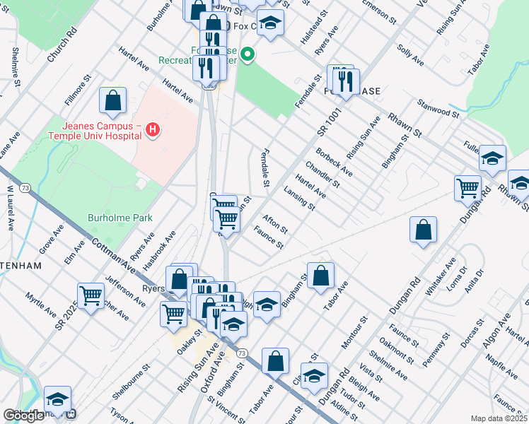 map of restaurants, bars, coffee shops, grocery stores, and more near 7619 Verree Road in Philadelphia