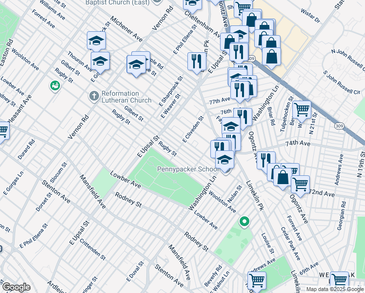 map of restaurants, bars, coffee shops, grocery stores, and more near 7555 Gilbert Street in Philadelphia