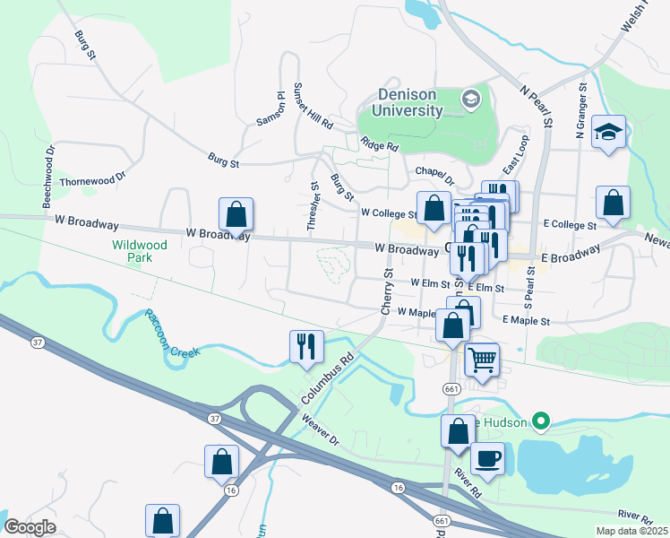 map of restaurants, bars, coffee shops, grocery stores, and more near Sugar Loaf Park Walking Trail in Granville
