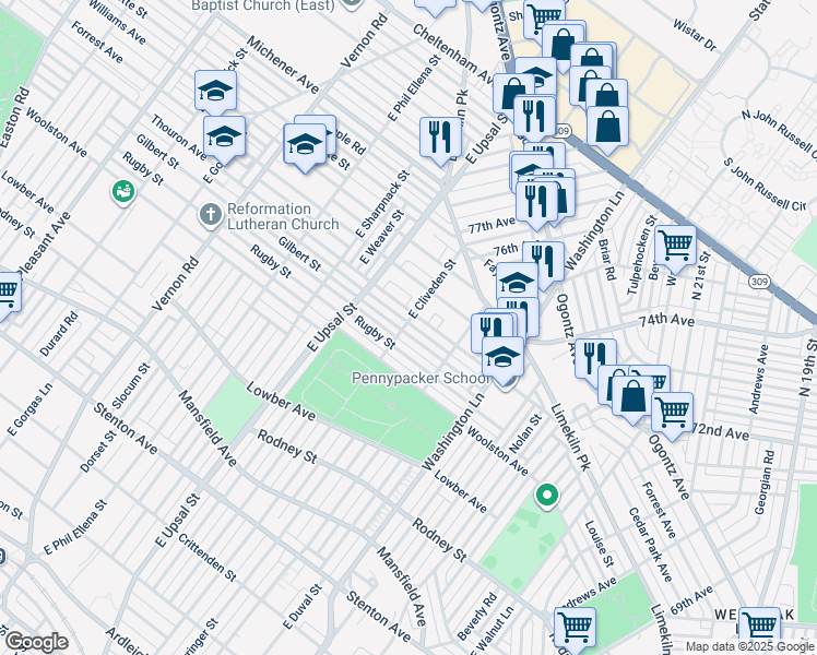 map of restaurants, bars, coffee shops, grocery stores, and more near 7555 Gilbert Street in Philadelphia