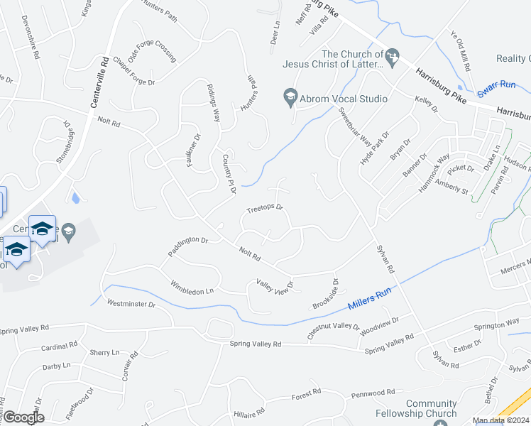 map of restaurants, bars, coffee shops, grocery stores, and more near 131 Treetops Drive in Lancaster