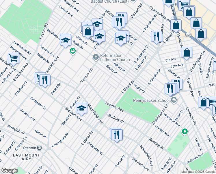 map of restaurants, bars, coffee shops, grocery stores, and more near 1159 East Hortter Street in Philadelphia