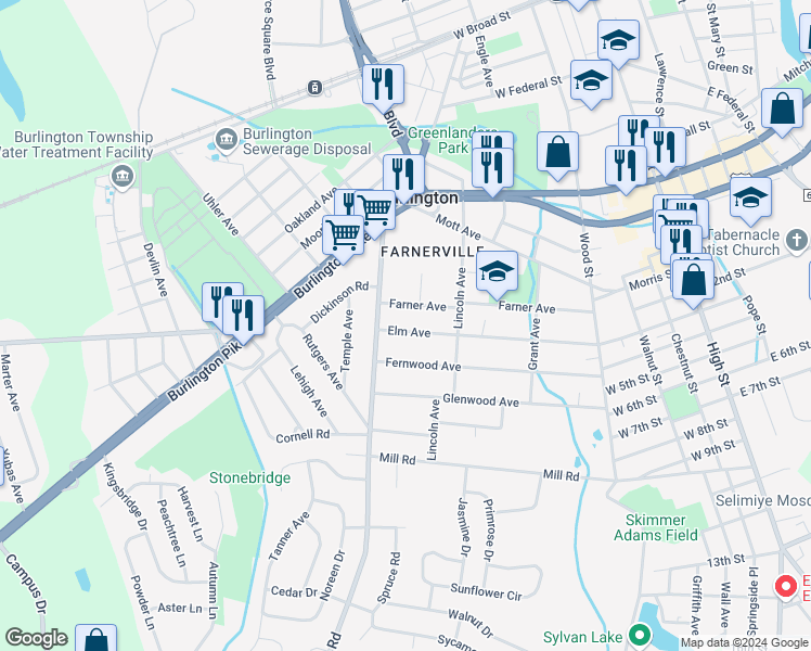 map of restaurants, bars, coffee shops, grocery stores, and more near 339 Farner Avenue in Burlington