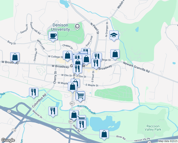 map of restaurants, bars, coffee shops, grocery stores, and more near 221 East Broadway in Granville