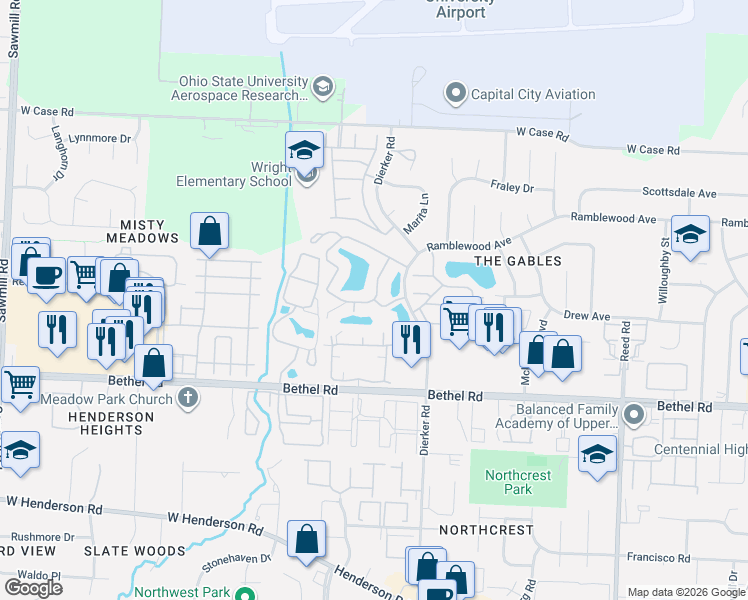 map of restaurants, bars, coffee shops, grocery stores, and more near 2555 Montego Blvd in Columbus