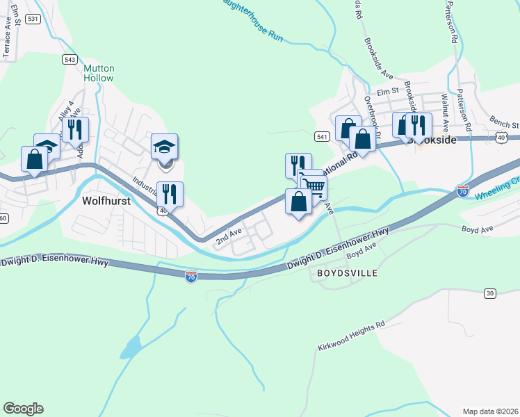map of restaurants, bars, coffee shops, grocery stores, and more near 56003 National Road in Bridgeport