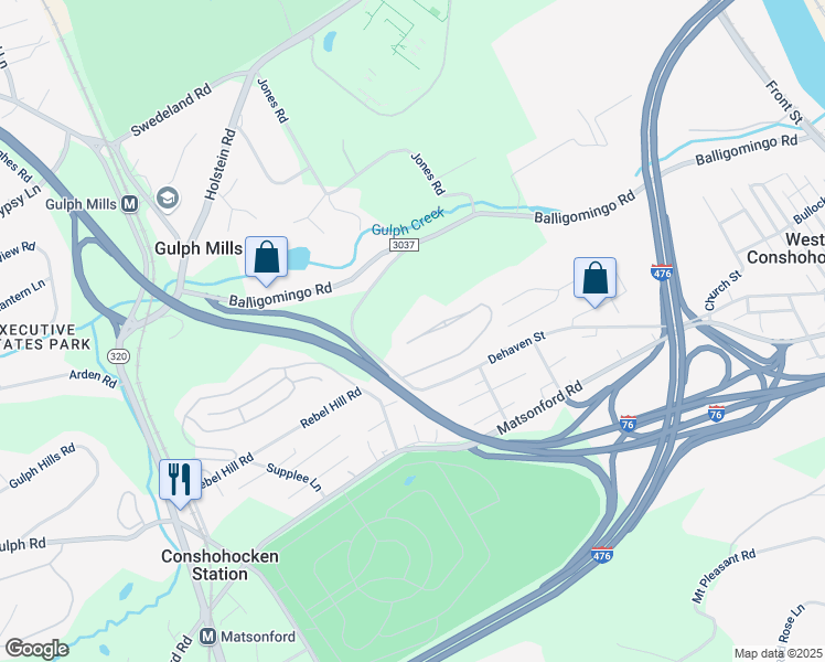 map of restaurants, bars, coffee shops, grocery stores, and more near 328 Overlook Lane in Conshohocken