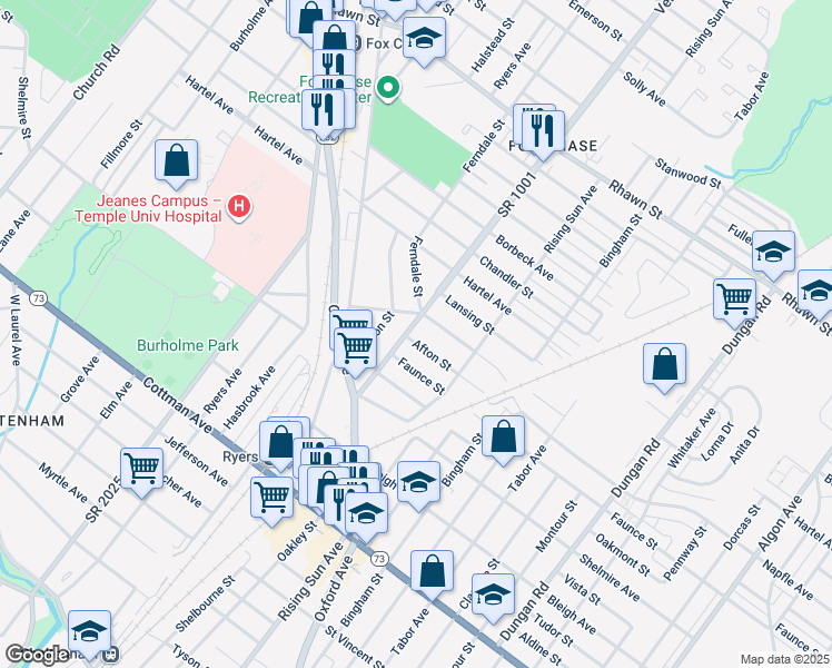 map of restaurants, bars, coffee shops, grocery stores, and more near 7621 Verree Road in Philadelphia