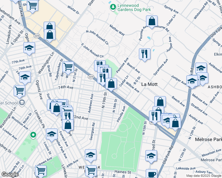 map of restaurants, bars, coffee shops, grocery stores, and more near 1817 West Cheltenham Avenue in Elkins Park