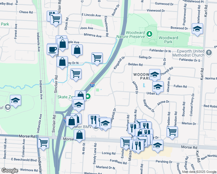 map of restaurants, bars, coffee shops, grocery stores, and more near 4959 Kingshill Drive in Columbus