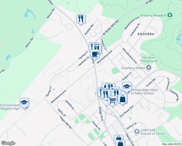 map of restaurants, bars, coffee shops, grocery stores, and more near 8816 Ridge Avenue in Philadelphia