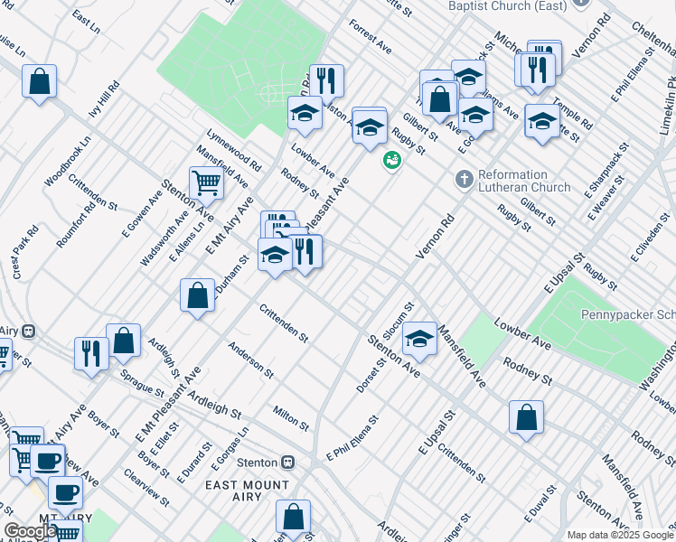 map of restaurants, bars, coffee shops, grocery stores, and more near 939 East Sedgwick Street in Philadelphia