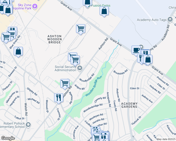 map of restaurants, bars, coffee shops, grocery stores, and more near 9906 Bustleton Avenue in Philadelphia