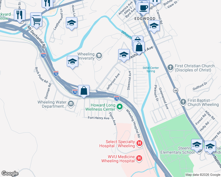 map of restaurants, bars, coffee shops, grocery stores, and more near 301-399 Roth Lane in Wheeling