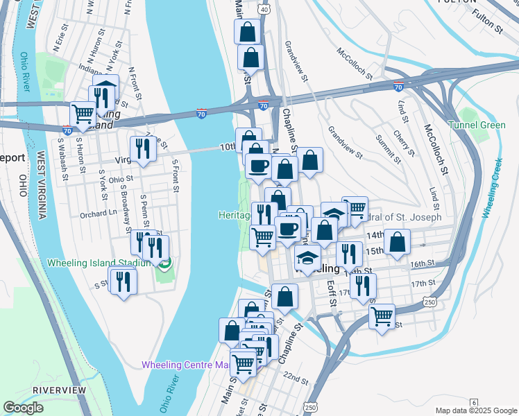 map of restaurants, bars, coffee shops, grocery stores, and more near 1121 Main Street in Wheeling