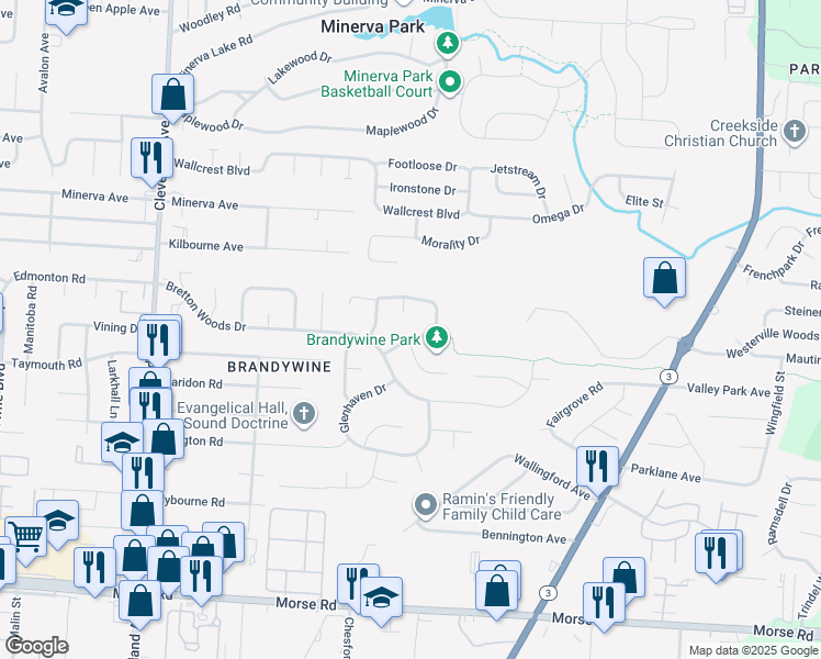 map of restaurants, bars, coffee shops, grocery stores, and more near 2879 Blarefield Drive in Columbus