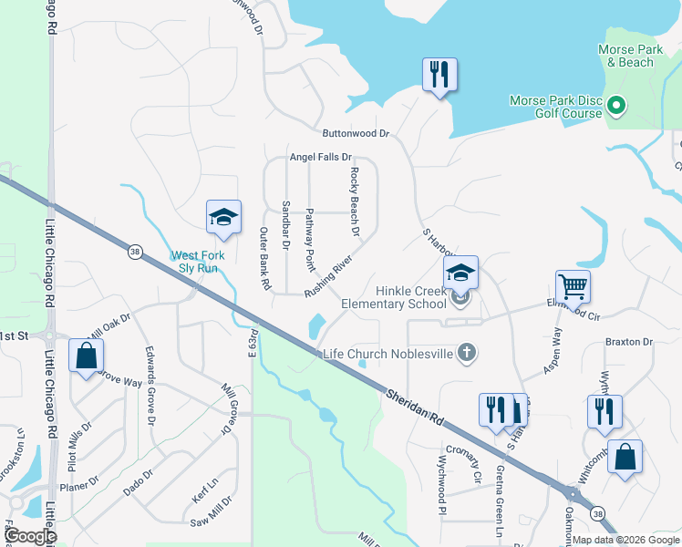 map of restaurants, bars, coffee shops, grocery stores, and more near 6538 Rushing River in Noblesville