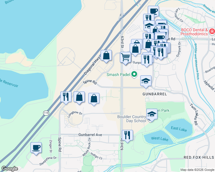 map of restaurants, bars, coffee shops, grocery stores, and more near 6201-6211 Spine Road in Boulder
