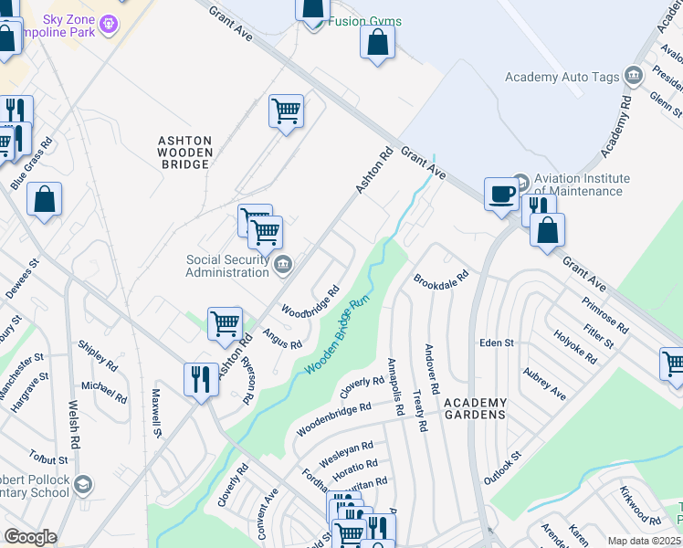 map of restaurants, bars, coffee shops, grocery stores, and more near 9491 Woodbridge Road in Philadelphia