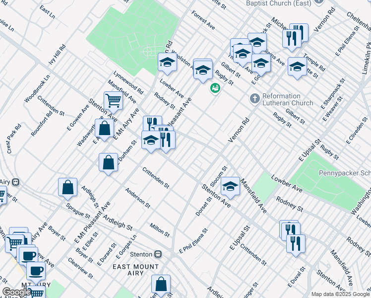 map of restaurants, bars, coffee shops, grocery stores, and more near 939 East Sedgwick Street in Philadelphia