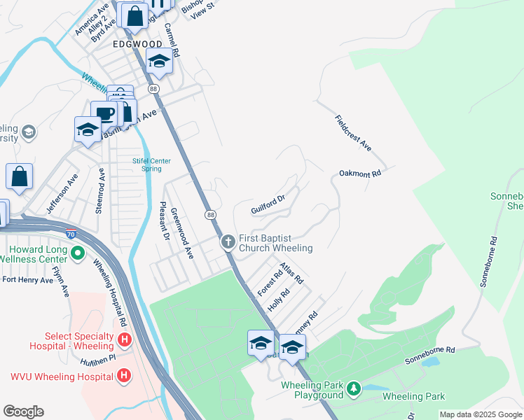 map of restaurants, bars, coffee shops, grocery stores, and more near 41 Fairfax Drive in Wheeling