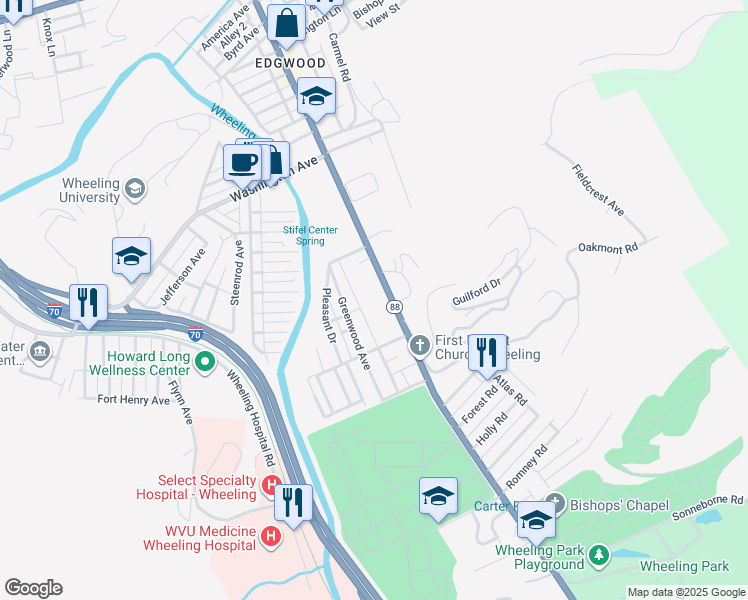 map of restaurants, bars, coffee shops, grocery stores, and more near 1376 National Road in Wheeling