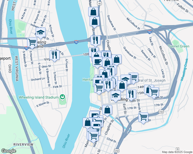 map of restaurants, bars, coffee shops, grocery stores, and more near 1121 Main Street in Wheeling