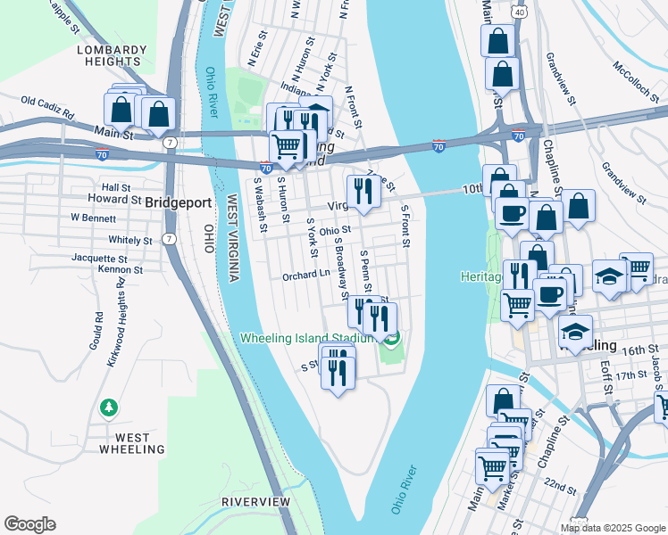 map of restaurants, bars, coffee shops, grocery stores, and more near 314 South York Street in Wheeling